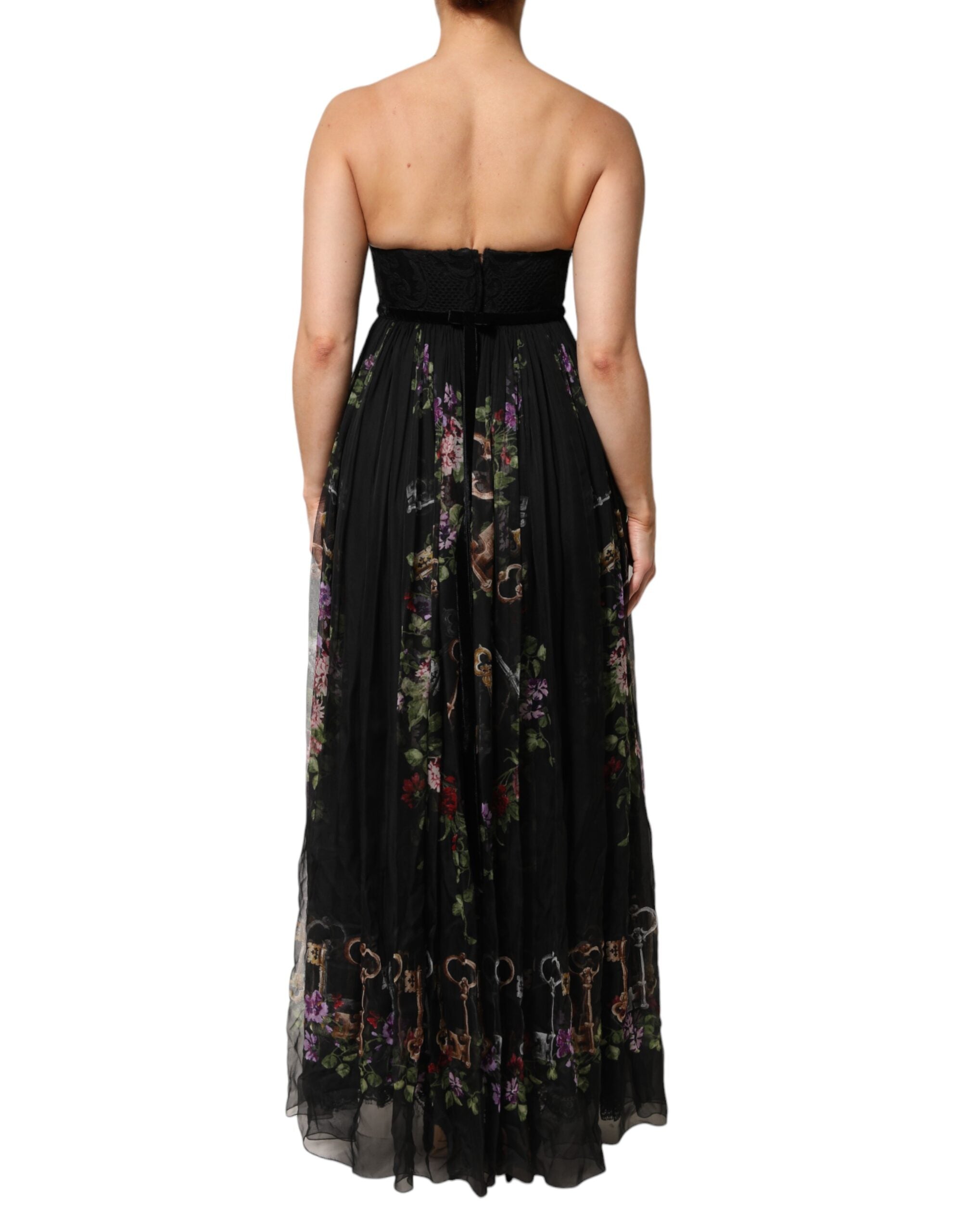 Black Floral Key Print Crystal Strapless Dress