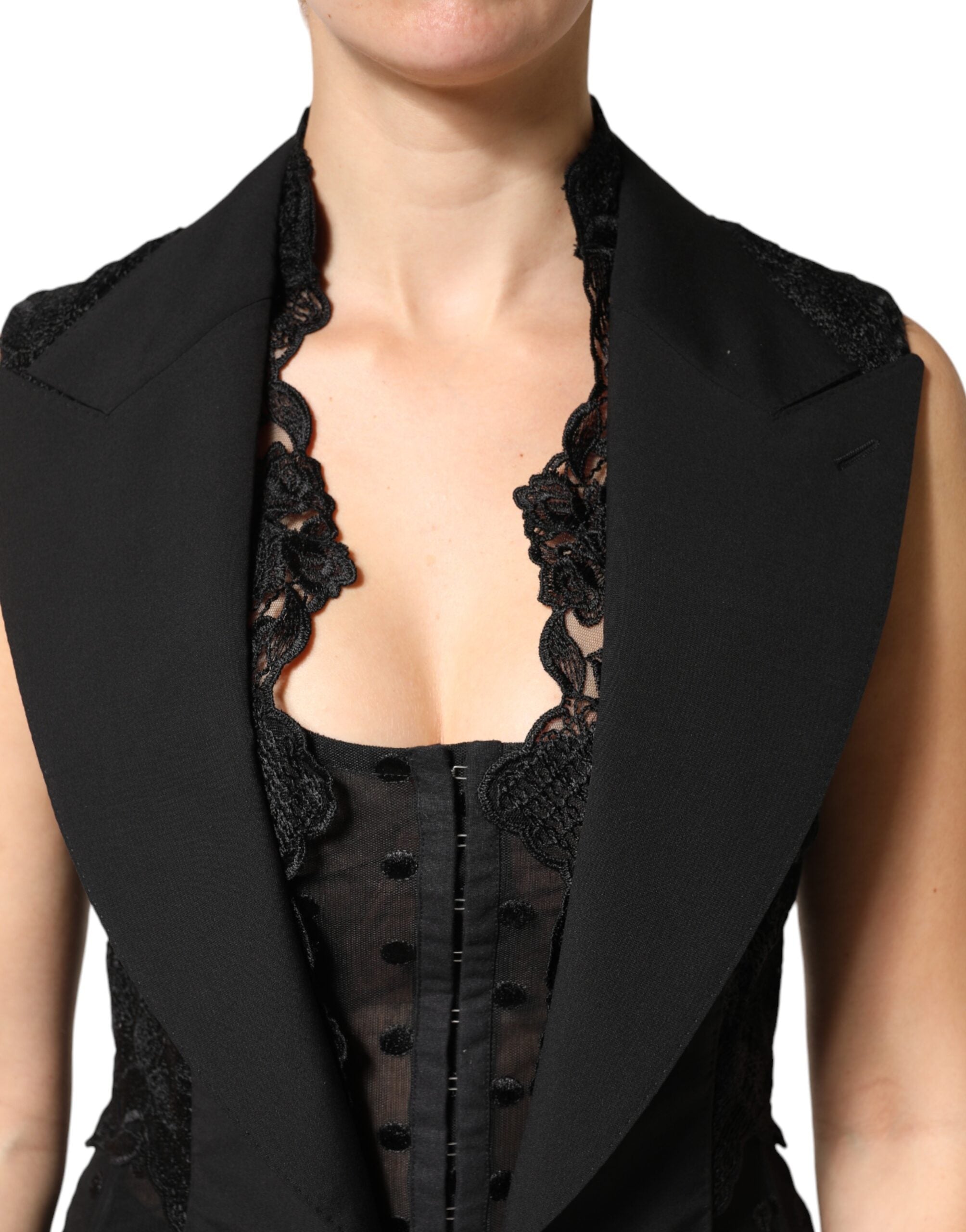 Black Lace V-neck Slit Hem Gathered Waist Vest Jacket