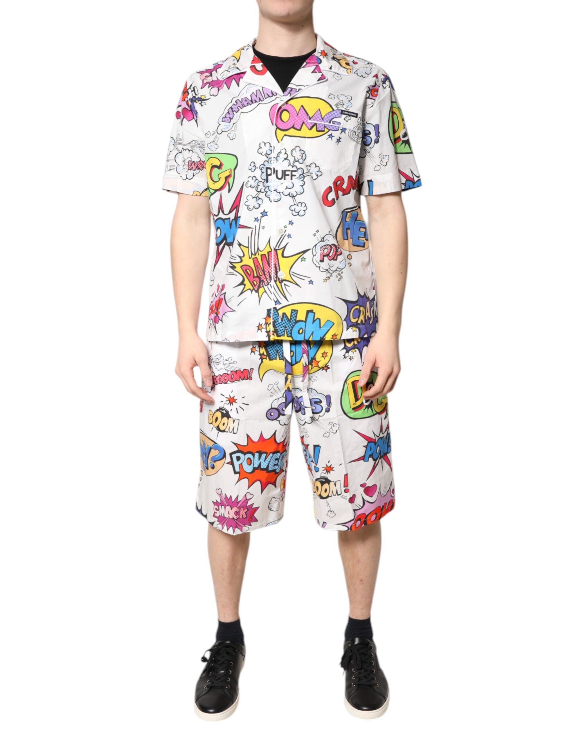 Weißes Pyjama-Set für Männer aus Baumwolle mit Cartoon-Print, Nachtwäsche