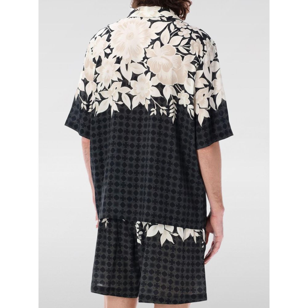 Chemise en soie noire à motifs