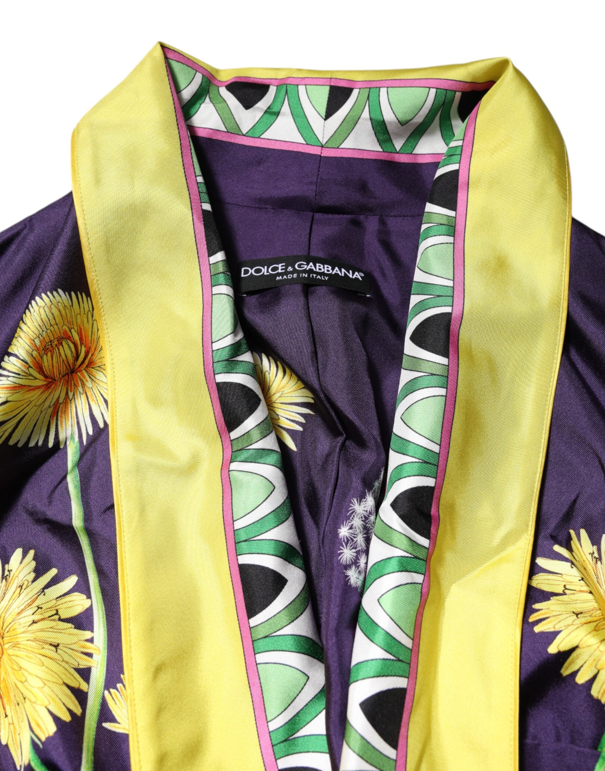 Peignoir à manches longues en soie à imprimé floral bleu